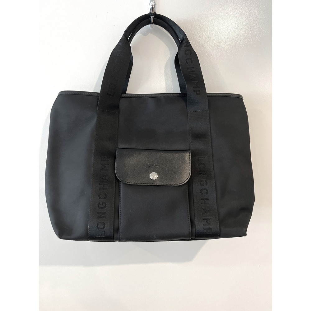 Longchamp Black Nylon Front Pocket Tote Bag Leather Trim Logo Dual Handles